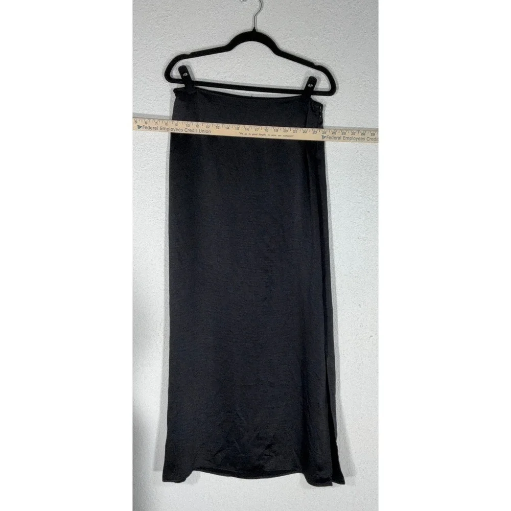 Forever 21 Black Satin Midi Skirt - L - Side Slit High Rise Minimalist 90s Chic